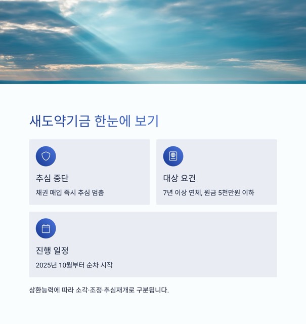 2025 새도약기금 핵심 키워드 모음: 대상, 소각, 채무조정, 추심 중단, 일정