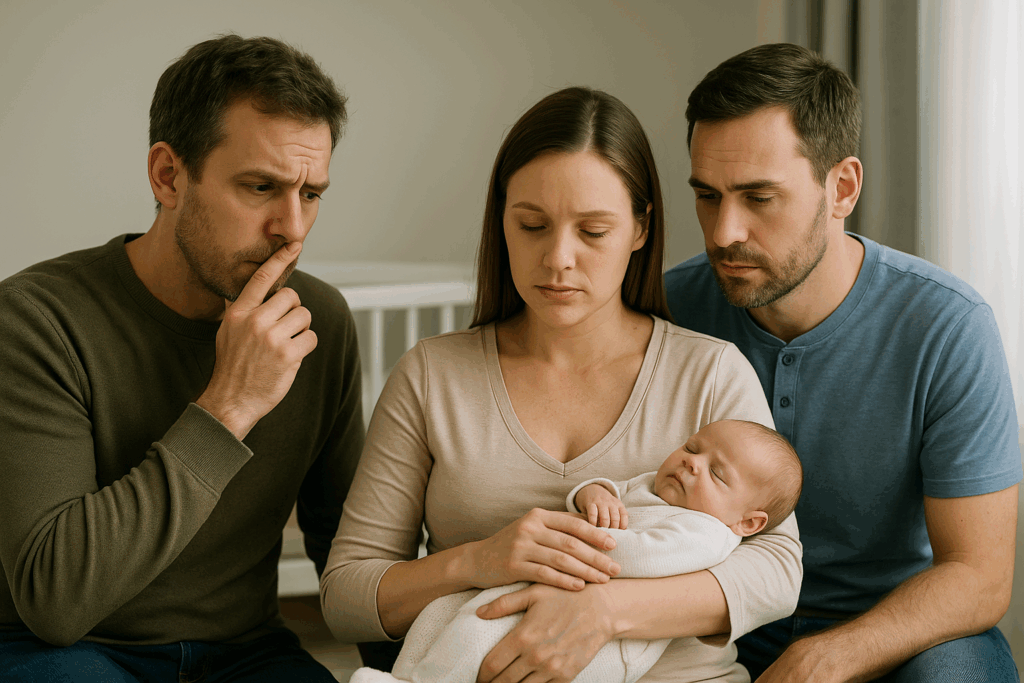 백일해로부터 신생아를 보호하기 위해 임산부가 접종을 고민하는 모습