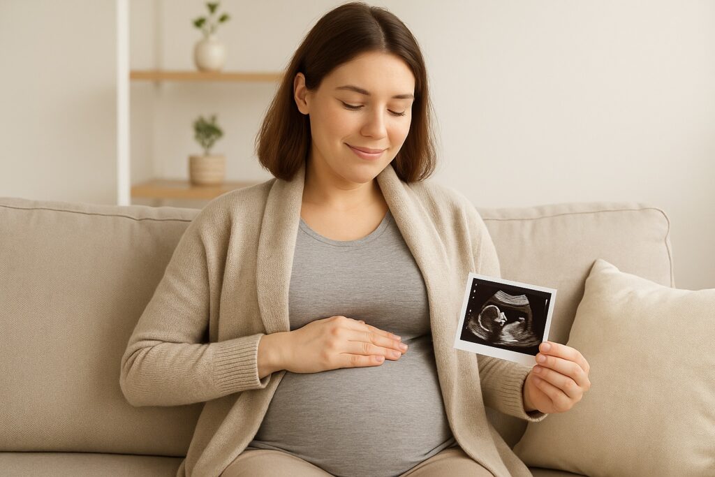 임산부 백일해주사 접종 가이드를 설명하는 임신부 이미지